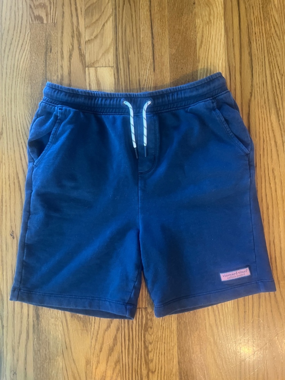 Vineyard Vines boy’s  Navy Drawstring Athletic Shorts with Pink Logo Patch
